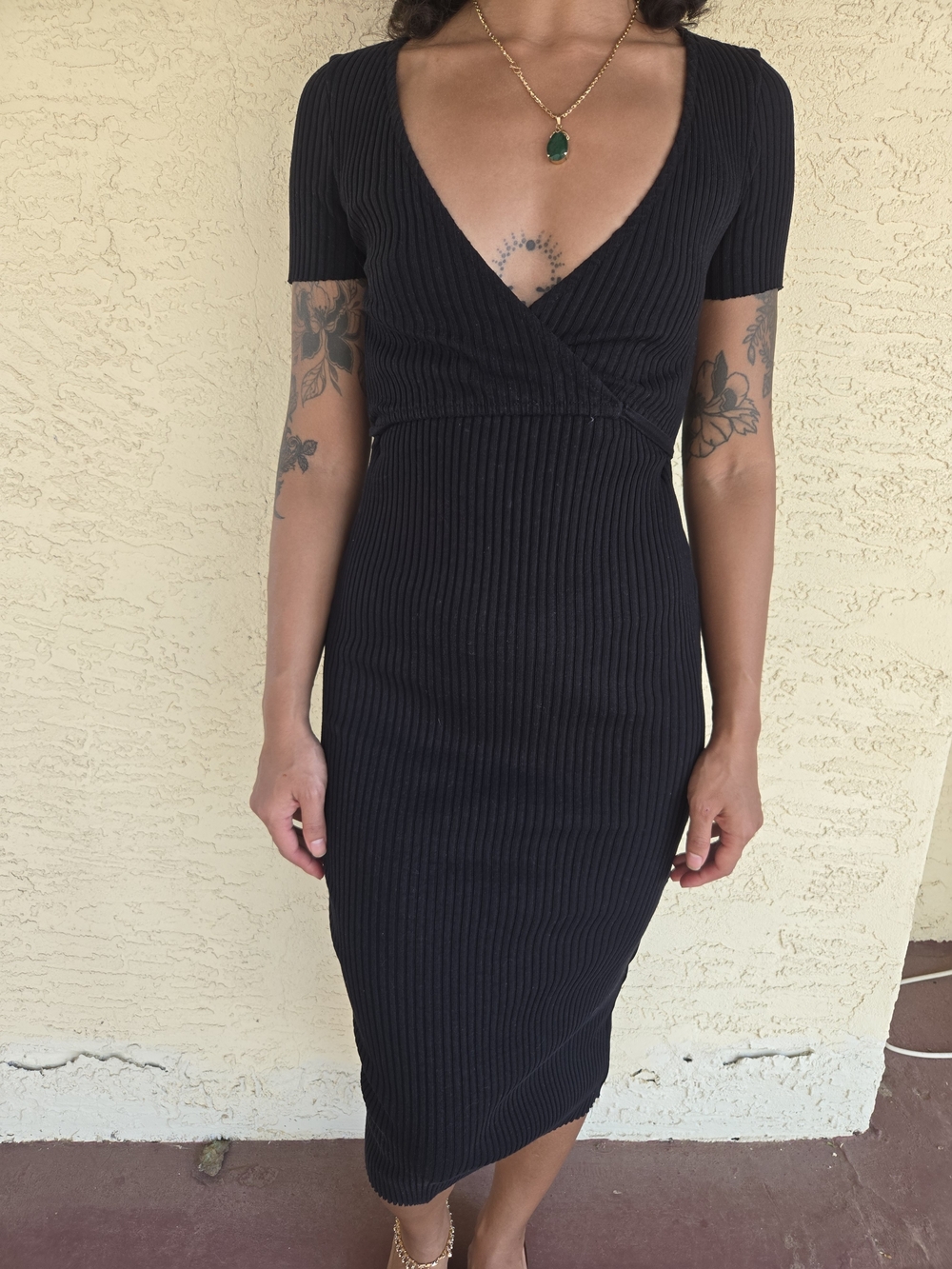 ZARA Black Ribbed V-Neck Midi Wrap Dress